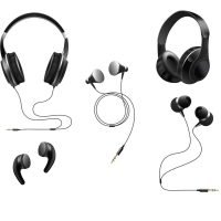 Set of realistic headset - headphones and earphones 3d vector illustration isolated on white background. Sound gadgets or dj equipment for music or radio listening.